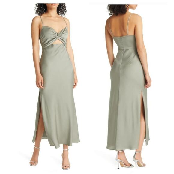 New Shona Joy Women's Cutout Twist Front Satin Cocktail Midi Dress in Eucalyptus - Picture 1 of 10